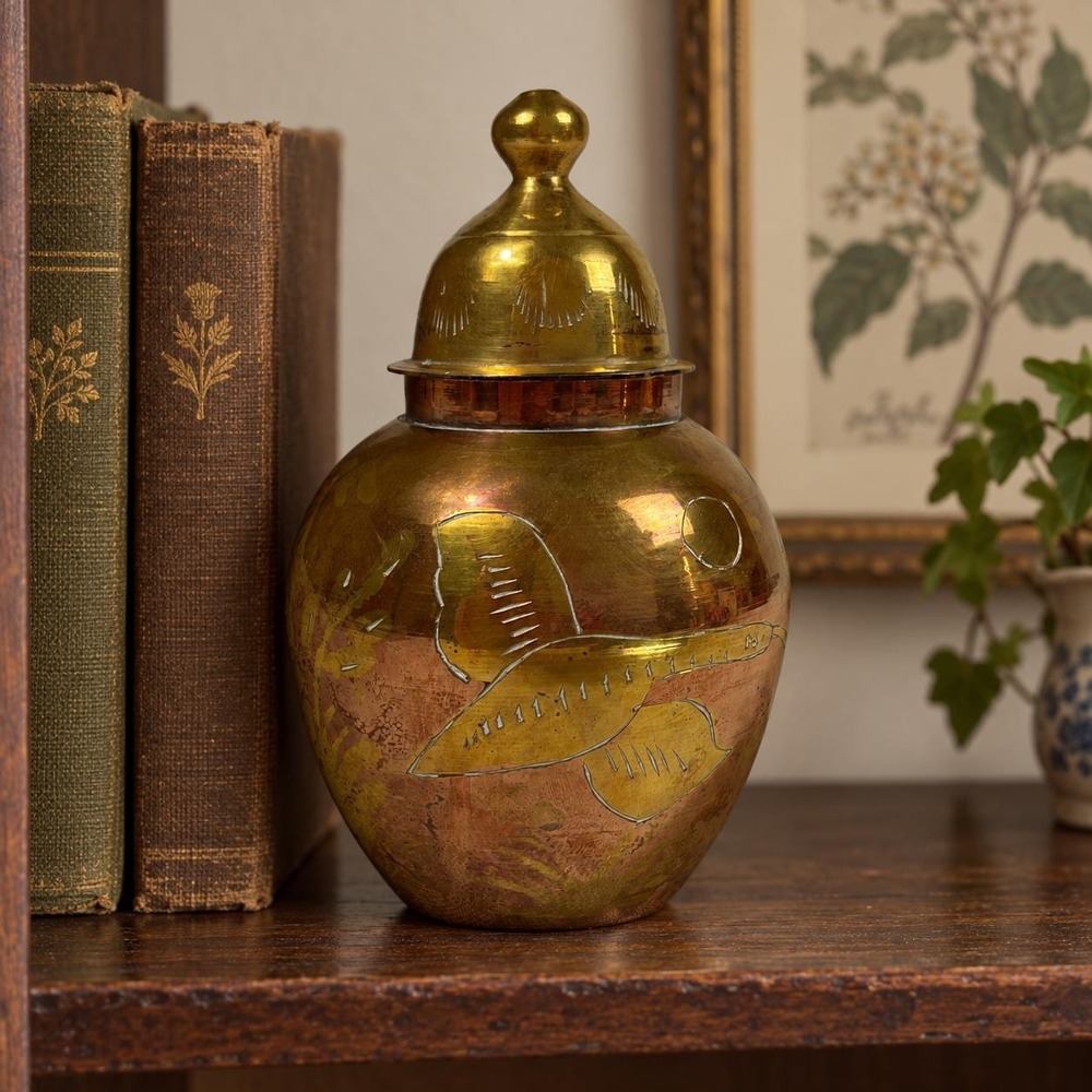 Small Metal Ginger Jar with Lid Engraved Flying Bird Design, Brass Copper Tone